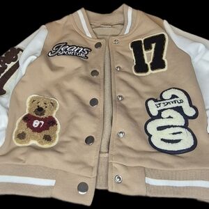 SHEIN Beige Varsity Jacket with Fun Patches
